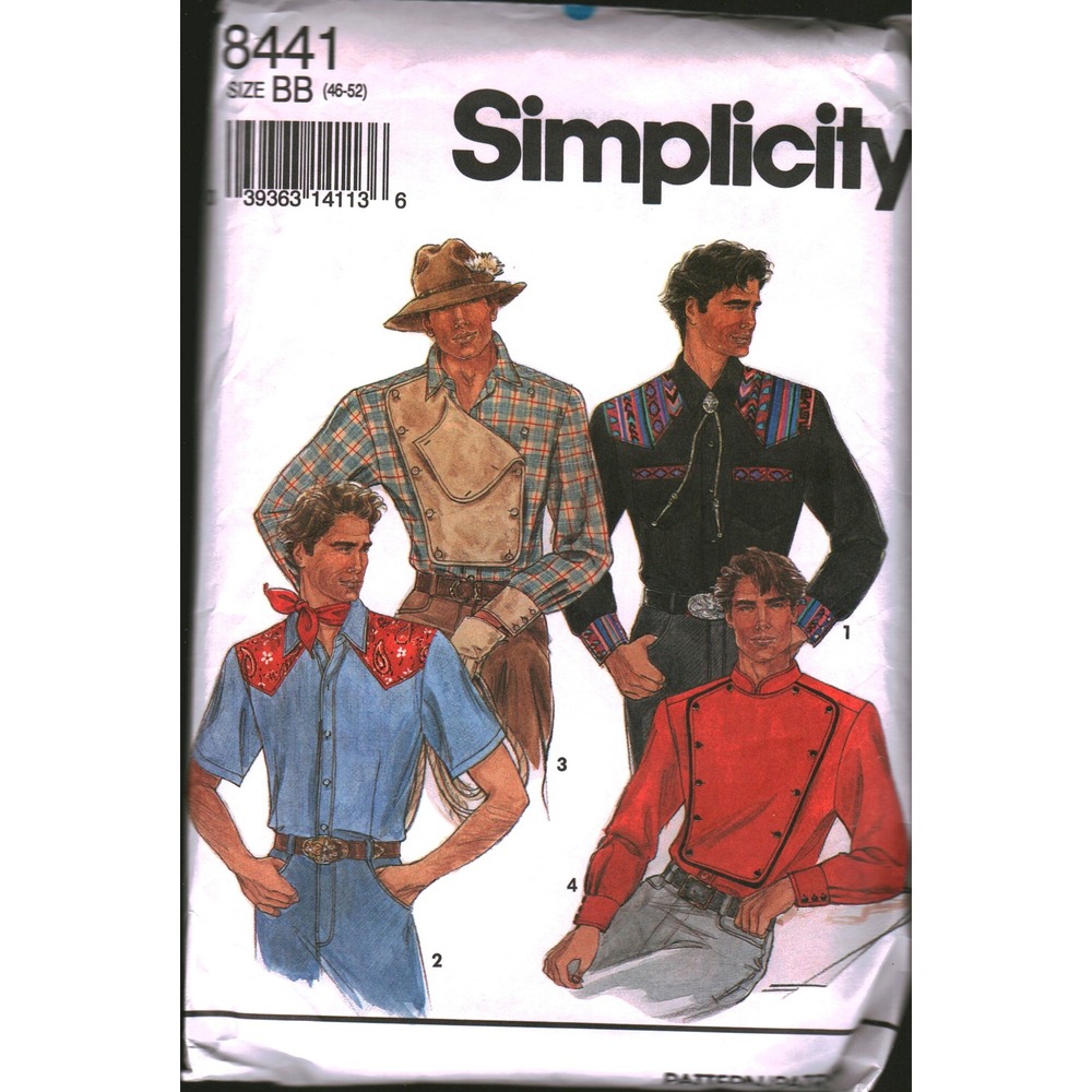 Simplicity 8441 Mens Western Shirt Sewing Pattern Bib Front Cowboy Size 46-52 BB
